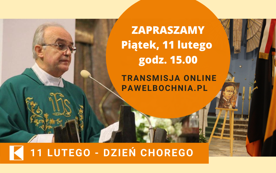 plakat przedstawia zdjęcie ks. prrezesa podczas przemówienia z ambony oraz zaproszenie do udziału w Mszy świętej online